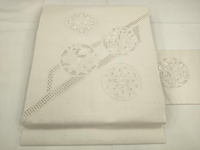 平和屋着物●中国三大刺繍　スワトウ刺繍　汕頭刺繍　総刺繍　九寸名古屋帯　紬地　草花丸文　正絹　逸品　AABK6858pf
