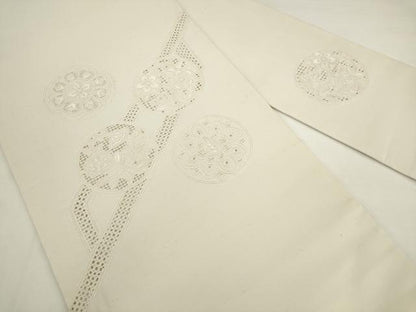 平和屋着物●中国三大刺繍　スワトウ刺繍　汕頭刺繍　総刺繍　九寸名古屋帯　紬地　草花丸文　正絹　逸品　AABK6858pf