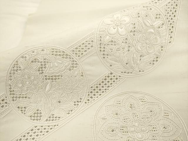 平和屋着物●中国三大刺繍　スワトウ刺繍　汕頭刺繍　総刺繍　九寸名古屋帯　紬地　草花丸文　正絹　逸品　AABK6858pf