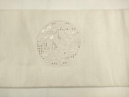 平和屋着物●中国三大刺繍　スワトウ刺繍　汕頭刺繍　総刺繍　九寸名古屋帯　紬地　草花丸文　正絹　逸品　AABK6858pf