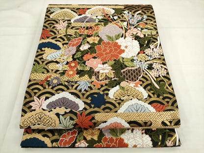平和屋着物●六通柄袋帯　唐織　エ霞草花文　黒地　金糸　正絹　逸品　AABK6862pf