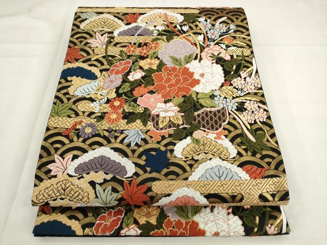平和屋着物●六通柄袋帯　唐織　エ霞草花文　黒地　金糸　正絹　逸品　AABK6862pf