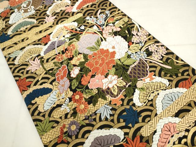 平和屋着物●六通柄袋帯　唐織　エ霞草花文　黒地　金糸　正絹　逸品　AABK6862pf