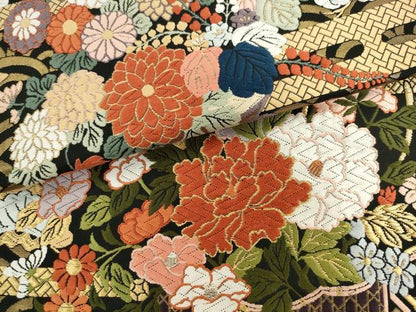 平和屋着物●六通柄袋帯　唐織　エ霞草花文　黒地　金糸　正絹　逸品　AABK6862pf