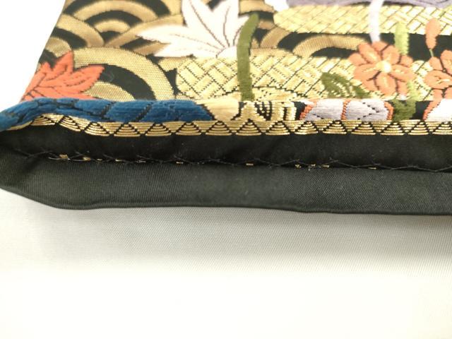 平和屋着物●六通柄袋帯　唐織　エ霞草花文　黒地　金糸　正絹　逸品　AABK6862pf