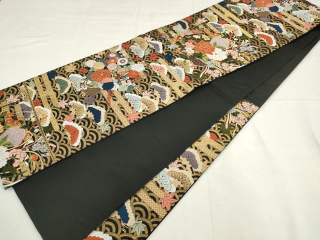 平和屋着物●六通柄袋帯　唐織　エ霞草花文　黒地　金糸　正絹　逸品　AABK6862pf