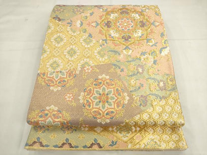 平和屋着物●佐賀錦　六通柄袋帯　唐織　裂取り花文　金糸　正絹　逸品　AABK6866pf