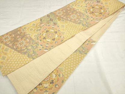 平和屋着物●佐賀錦　六通柄袋帯　唐織　裂取り花文　金糸　正絹　逸品　AABK6866pf
