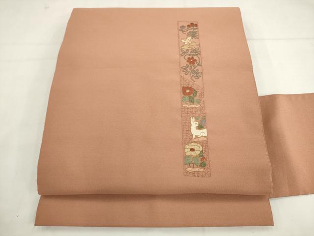 平和屋着物●爪搔き本綴れ　中国三大刺繍　相良刺繍　総刺繍　八寸名古屋帯　短冊花文　兎　金糸　正絹　逸品　AABK6873pf