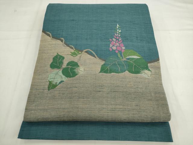 平和屋着物●太鼓柄袋帯　紬地　草花文　正絹　逸品　AABK6874pf