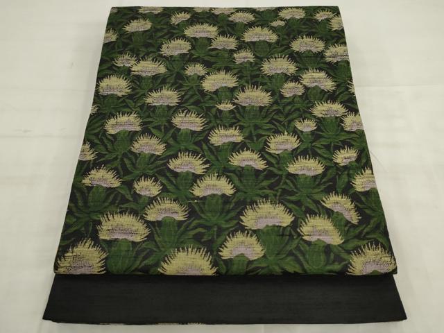 平和屋着物●太鼓柄袋帯　紬地　草花文　黒地　正絹　逸品　AABK6884pf
