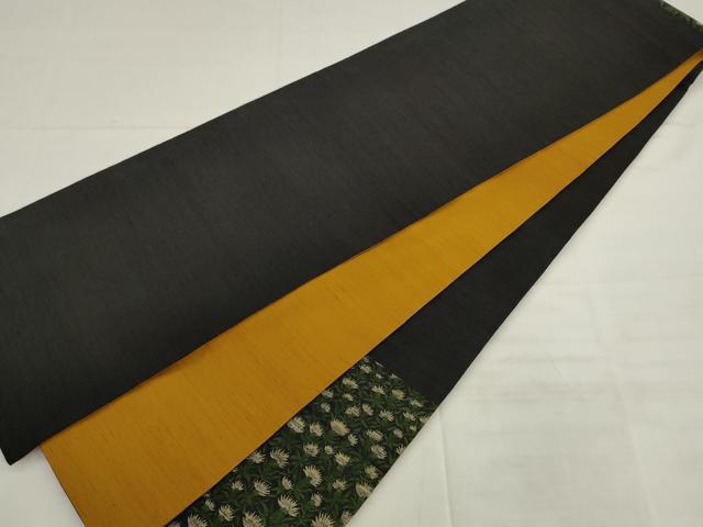 平和屋着物●太鼓柄袋帯　紬地　草花文　黒地　正絹　逸品　AABK6884pf