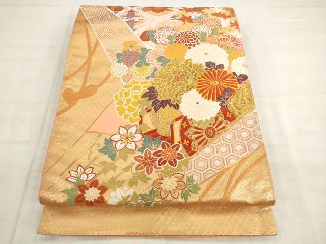 平和屋着物●西陣　とみや織物謹製　とみや帯　六通柄袋帯　唐織　末廣花車文　金銀糸　証紙付き　正絹　逸品　AABK6895pf