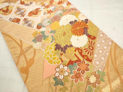 平和屋着物●西陣　とみや織物謹製　とみや帯　六通柄袋帯　唐織　末廣花車文　金銀糸　証紙付き　正絹　逸品　AABK6895pf