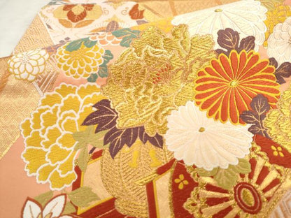 平和屋着物●西陣　とみや織物謹製　とみや帯　六通柄袋帯　唐織　末廣花車文　金銀糸　証紙付き　正絹　逸品　AABK6895pf