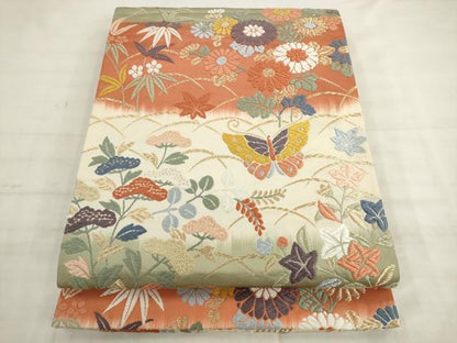 平和屋着物●六通柄袋帯　唐織　花蝶文　金糸　正絹　逸品　AABK6901pf