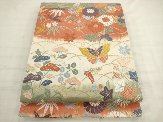 平和屋着物●六通柄袋帯　唐織　花蝶文　金糸　正絹　逸品　AABK6901pf