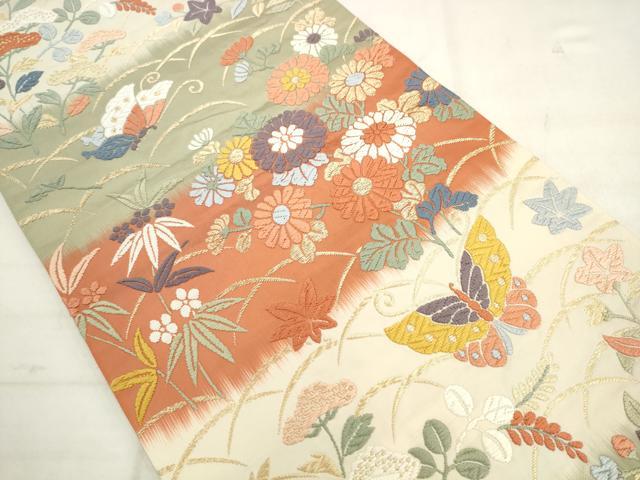 平和屋着物●六通柄袋帯　唐織　花蝶文　金糸　正絹　逸品　AABK6901pf