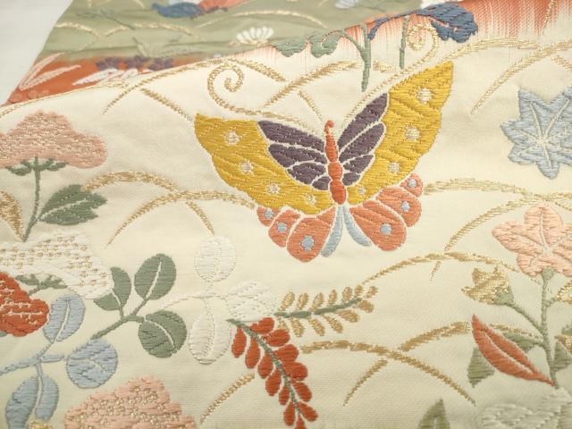 平和屋着物●六通柄袋帯　唐織　花蝶文　金糸　正絹　逸品　AABK6901pf