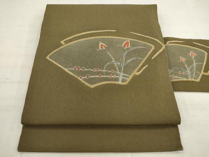 平和屋着物●九寸名古屋帯　草花文　鬼しぼ縮緬　正絹　逸品　AABK6904pf
