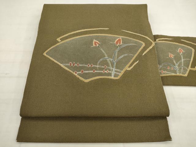 平和屋着物●九寸名古屋帯　草花文　鬼しぼ縮緬　正絹　逸品　AABK6904pf