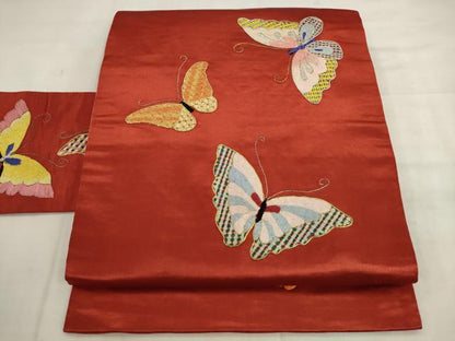 平和屋着物●アンティーク　大正ロマン　九寸名古屋帯　総手刺繍　舞蝶文　金銀糸　正絹　逸品　AABK6906pf