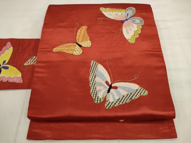 平和屋着物●アンティーク　大正ロマン　九寸名古屋帯　総手刺繍　舞蝶文　金銀糸　正絹　逸品　AABK6906pf