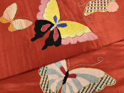 平和屋着物●アンティーク　大正ロマン　九寸名古屋帯　総手刺繍　舞蝶文　金銀糸　正絹　逸品　AABK6906pf