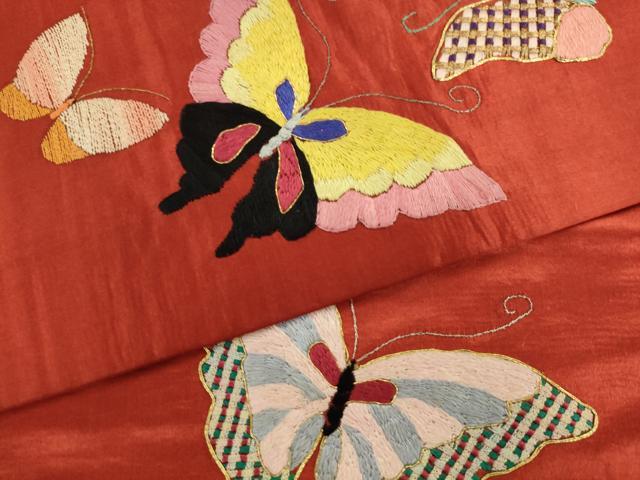 平和屋着物●アンティーク　大正ロマン　九寸名古屋帯　総手刺繍　舞蝶文　金銀糸　正絹　逸品　AABK6906pf