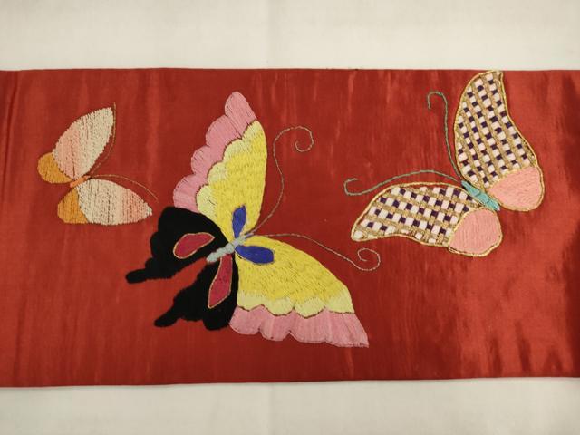 平和屋着物●アンティーク　大正ロマン　九寸名古屋帯　総手刺繍　舞蝶文　金銀糸　正絹　逸品　AABK6906pf