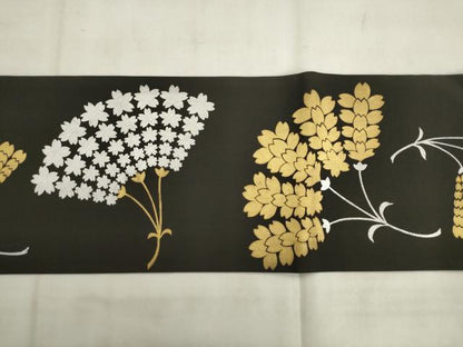 平和屋着物●銀座伊勢半　塩瀬　九寸名古屋帯　舞花文　黒地　純金　正絹　逸品　AABK6907pf