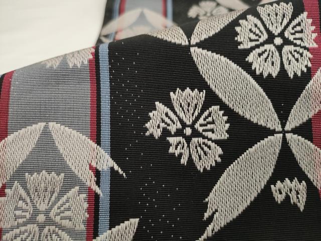 平和屋着物●本場筑前博多織　半幅帯　舞花文　黒地　証紙付き　正絹　逸品　AABK6915pf