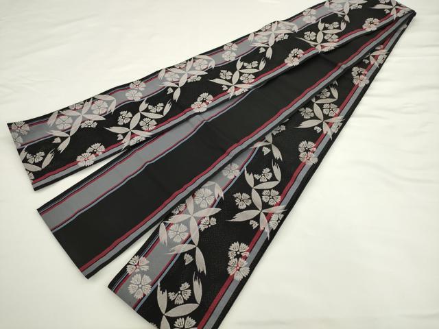 平和屋着物●本場筑前博多織　半幅帯　舞花文　黒地　証紙付き　正絹　逸品　AABK6915pf