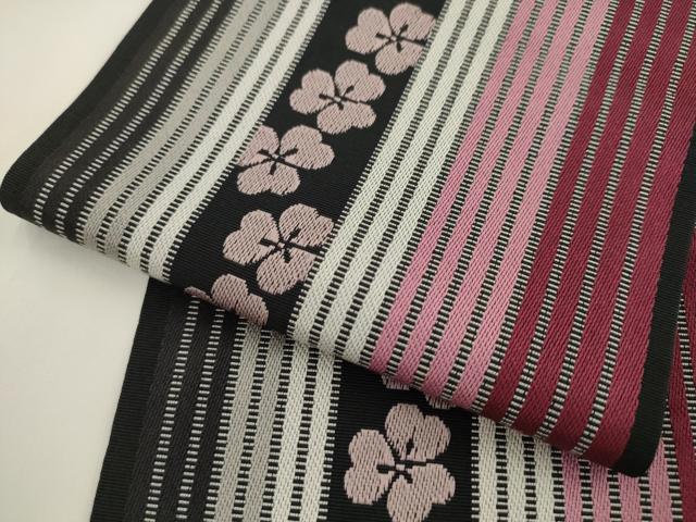 平和屋着物●本場筑前博多織　半幅帯　花間道　黒地　正絹　逸品　AABK6917pf