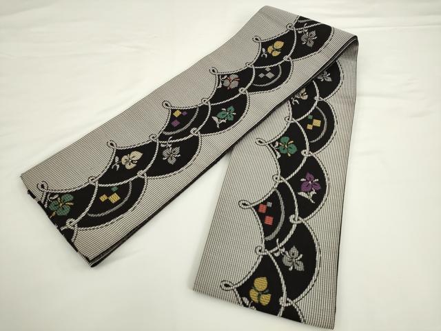 平和屋着物●本場筑前博多織　両面半幅帯　草花文　跳び兎　金糸　正絹　逸品　AABK6922pf