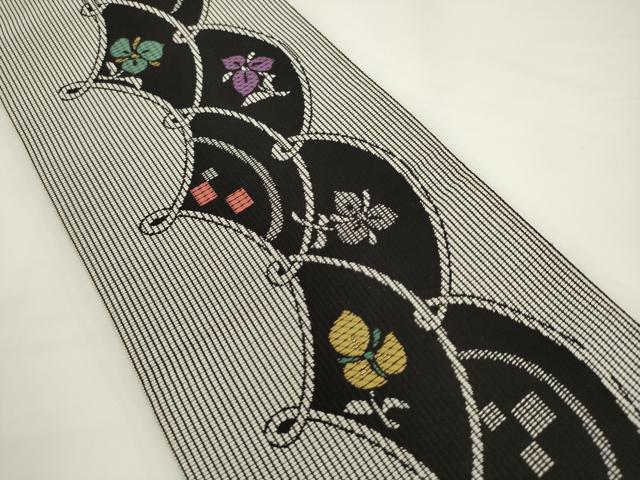 平和屋着物●本場筑前博多織　両面半幅帯　草花文　跳び兎　金糸　正絹　逸品　AABK6922pf