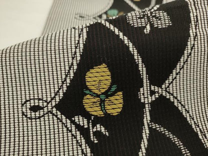 平和屋着物●本場筑前博多織　両面半幅帯　草花文　跳び兎　金糸　正絹　逸品　AABK6922pf