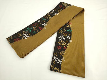 平和屋着物●半幅帯　流水花文　金糸　正絹　逸品　AABK6944pf