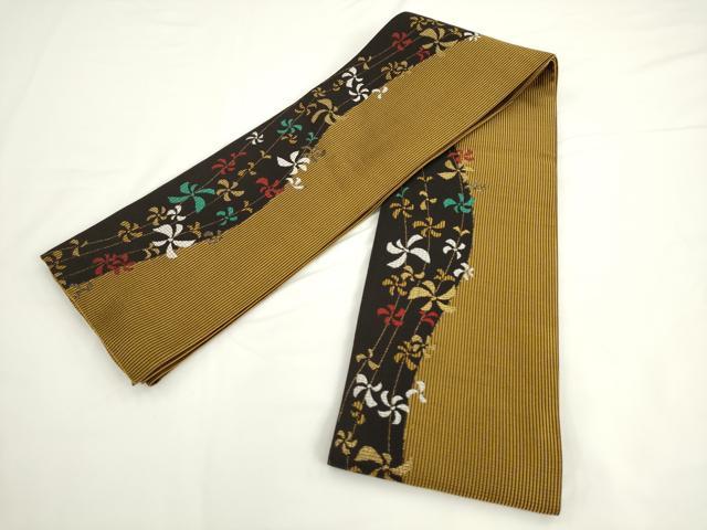 平和屋着物●半幅帯　流水花文　金糸　正絹　逸品　AABK6944pf