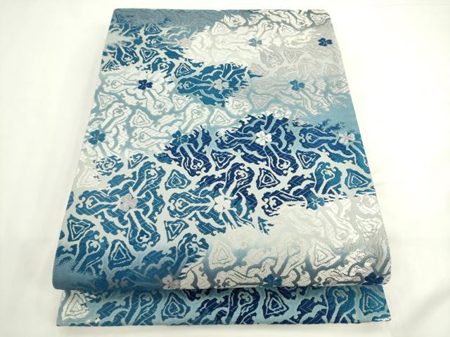 平和屋着物●六通柄袋帯　唐織　藍　飾花文　銀糸　正絹　逸品　AABK6971pf