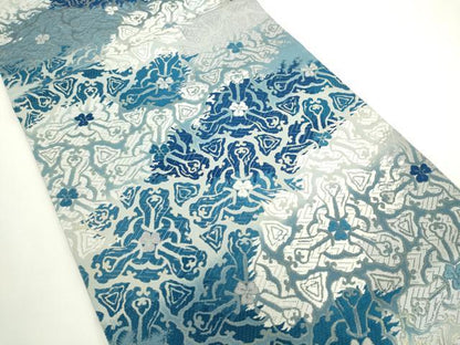 平和屋着物●六通柄袋帯　唐織　藍　飾花文　銀糸　正絹　逸品　AABK6971pf
