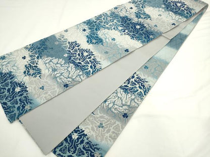 平和屋着物●六通柄袋帯　唐織　藍　飾花文　銀糸　正絹　逸品　AABK6971pf