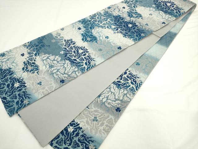 平和屋着物●六通柄袋帯　唐織　藍　飾花文　銀糸　正絹　逸品　AABK6971pf