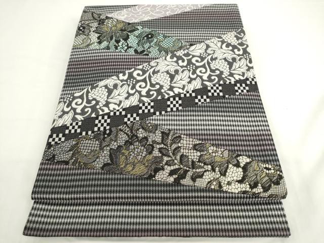 平和屋着物●両面太鼓柄袋帯　切嵌　葡萄花唐草文　正絹　逸品　AABK6972pf