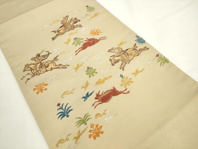 平和屋着物●龍村美術織物　たつむら　九寸開き名古屋帯　木画狩猟錦　金銀糸　正絹　逸品　AABK6976pf