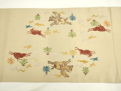 平和屋着物●龍村美術織物　たつむら　九寸開き名古屋帯　木画狩猟錦　金銀糸　正絹　逸品　AABK6976pf