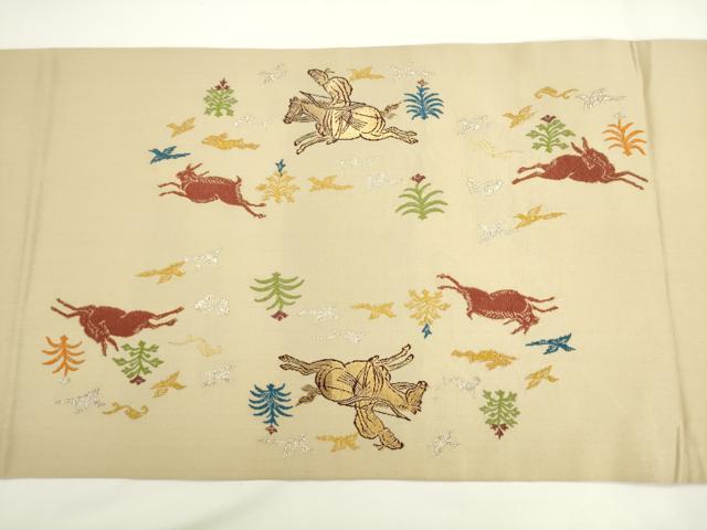 平和屋着物●龍村美術織物　たつむら　九寸開き名古屋帯　木画狩猟錦　金銀糸　正絹　逸品　AABK6976pf