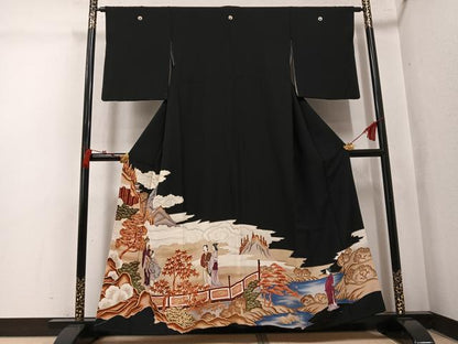 平和屋着物●豪華黒留袖　女人風景文　金彩　正絹　逸品　AABK7002ph
