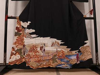 平和屋着物●豪華黒留袖　女人風景文　金彩　正絹　逸品　AABK7002ph