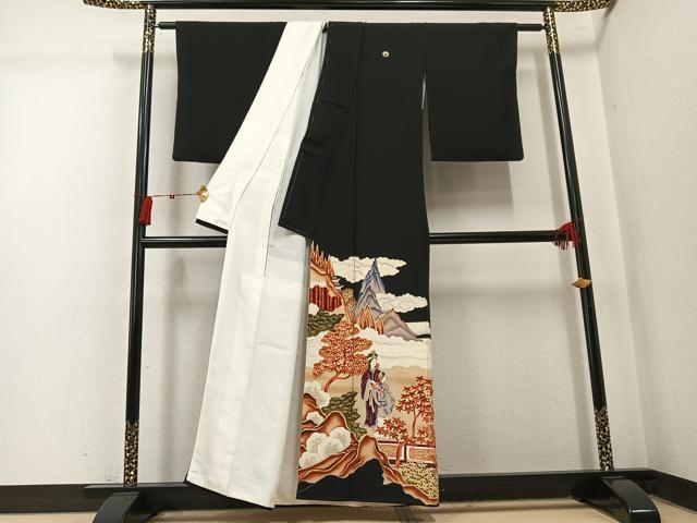平和屋着物●豪華黒留袖　女人風景文　金彩　正絹　逸品　AABK7002ph